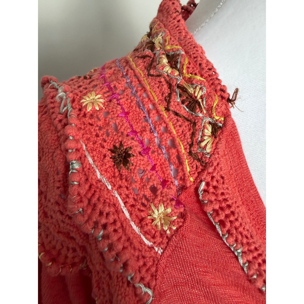 Free People Coral Pink Crochet Embroidered Henley Boho Long Sleeve Top Women M - Picture 10 of 15